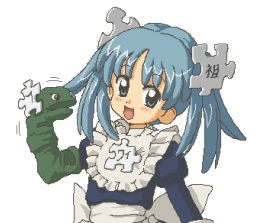 Anime character holding two sock puppets